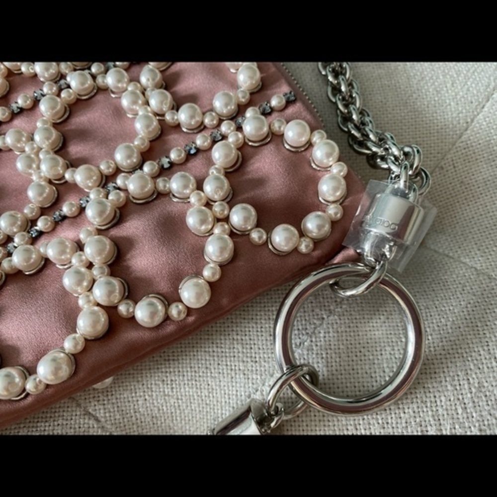 JIMMY CHOO Callie Blush Satin Clutch with Circle Pearl Embroidery Embellishments - Picture 14 of 16